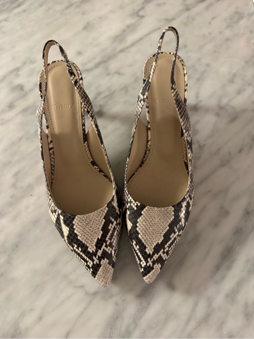 Never Worn Theory Snake-Print Slingback Pumps in Beige and Black